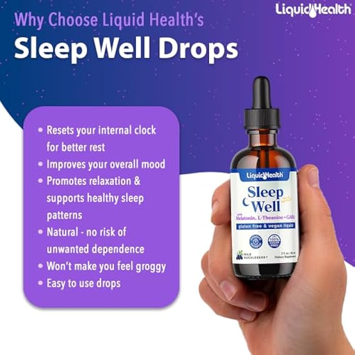 LIQUIDHEALTH Sleep Well Natural Sleep Aid Melatonin Drops - Better Sleep & Mood, Relax & Calm Mind, Fall Asleep Faster Stay Asleep Longer - Made in USA, Vegan, Sugar-Free, Drug Free, Non-GMO (2 oz) - Image 3