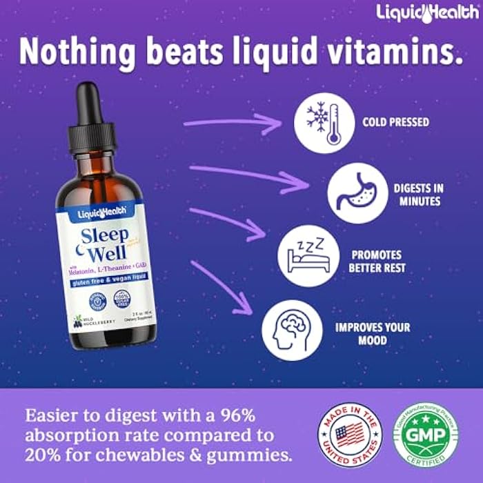 LIQUIDHEALTH Sleep Well Natural Sleep Aid Melatonin Drops - Better Sleep & Mood, Relax & Calm Mind, Fall Asleep Faster Stay Asleep Longer - Made in USA, Vegan, Sugar-Free, Drug Free, Non-GMO (2 oz) - Image 2