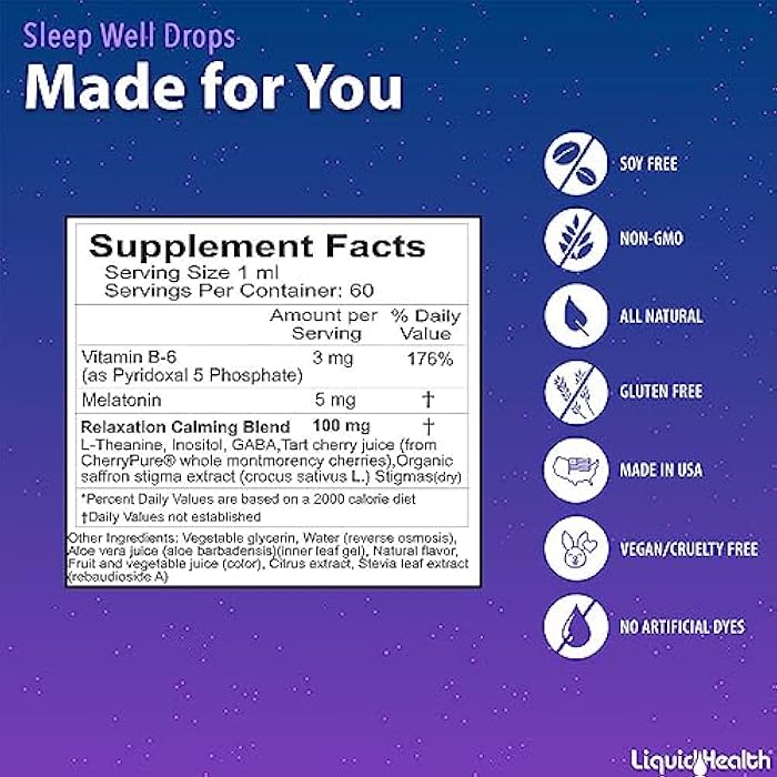 LIQUIDHEALTH Sleep Well Natural Sleep Aid Melatonin Drops - Better Sleep & Mood, Relax & Calm Mind, Fall Asleep Faster Stay Asleep Longer - Made in USA, Vegan, Sugar-Free, Drug Free, Non-GMO (2 oz) - Image 5
