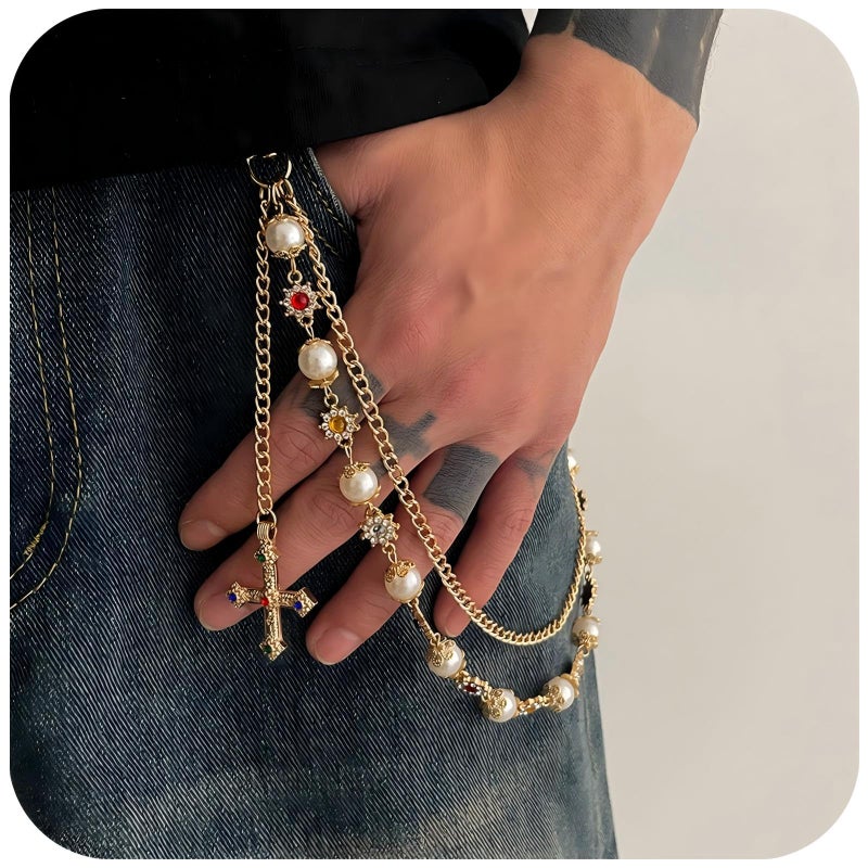SORGERLY Gold Wallet Pant Pearl Chains - Layered Jean Pocket Chain Keychain for Women Men - Designer Bag Purse Handbag Cross Charm Accessories (Gold) - Image 2
