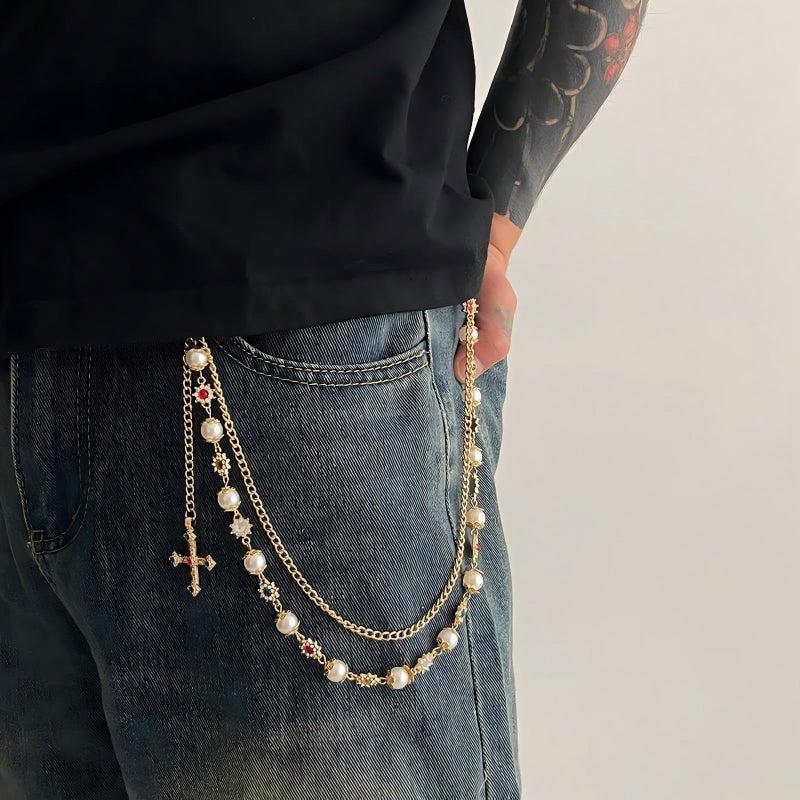 SORGERLY Gold Wallet Pant Pearl Chains - Layered Jean Pocket Chain Keychain for Women Men - Designer Bag Purse Handbag Cross Charm Accessories (Gold) - Image 3