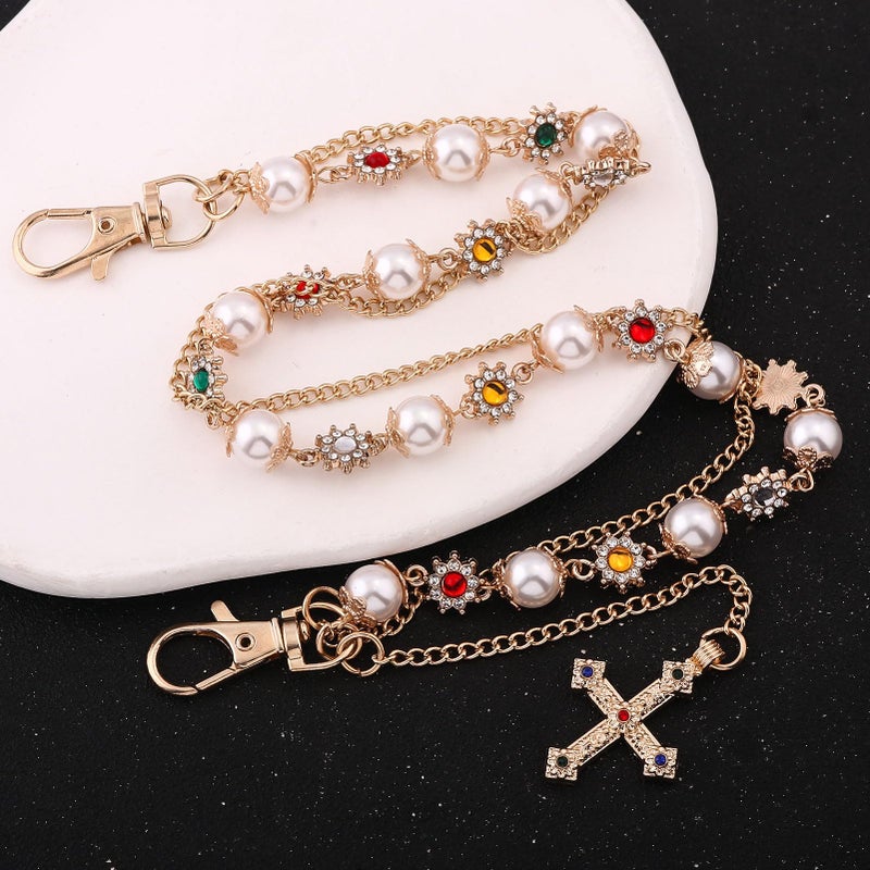 SORGERLY Gold Wallet Pant Pearl Chains - Layered Jean Pocket Chain Keychain for Women Men - Designer Bag Purse Handbag Cross Charm Accessories (Gold) - Image 5