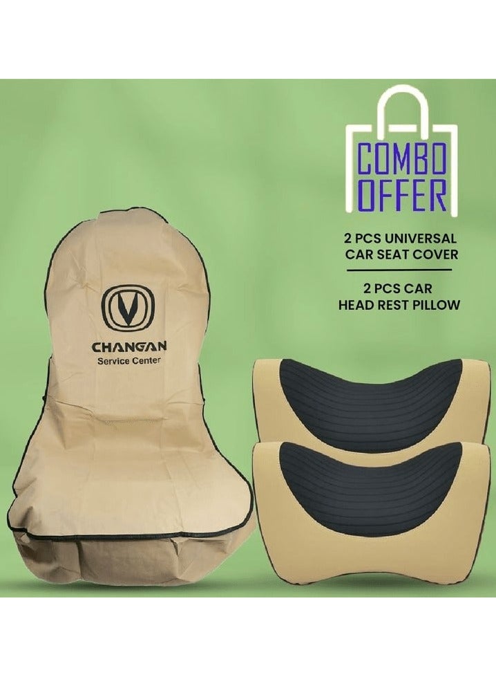 Changan Combo Buy Dust Dirt Protection Cover Universal Car Seat Cover, 2 Pcs Set Beige and Premium Quality Head Rest Pillow For Car Beige 2 Pcs - Image 1