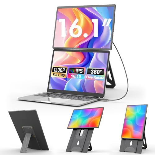 domyfan 16.1'' Laptop Screen Extender, 360° Rotating Detachable Stand/VESA Support, FHD 1200P IPS Portable Monitor, Plug & Play with HDMI/USB-A/Type-C, Compatible Win/Mac/Android - Image 1