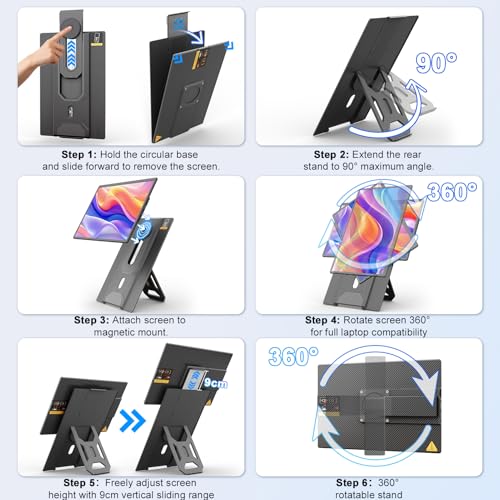domyfan 16.1'' Laptop Screen Extender, 360° Rotating Detachable Stand/VESA Support, FHD 1200P IPS Portable Monitor, Plug & Play with HDMI/USB-A/Type-C, Compatible Win/Mac/Android - Image 3