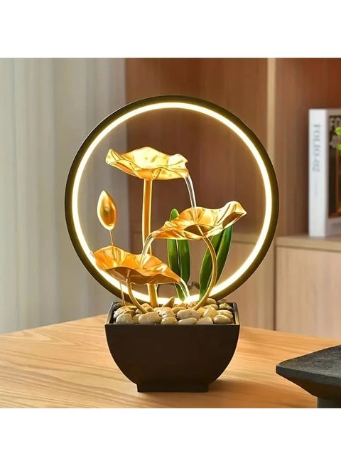 3-Tier Lotus Leaf Flowing Water Fountain with Natural Rocks & LED Ring Light Reflective Lighting Feature Small Waterfall Metal Home Desk Decoration USB Powered Relaxation Indoor Tabletop Decor for Home and Office (Gold)