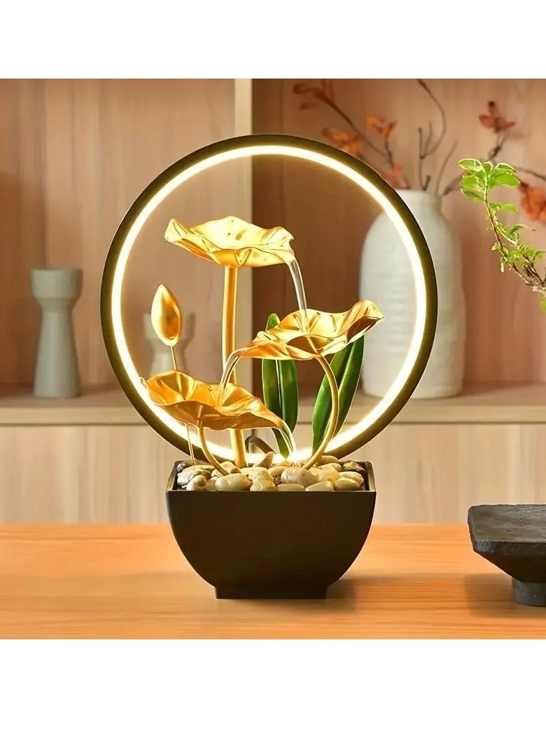 3-Tier Lotus Leaf Flowing Water Fountain with Natural Rocks & LED Ring Light Reflective Lighting Feature Small Waterfall Metal Home Desk Decoration USB Powered Relaxation Indoor Tabletop Decor for Home and Office (Gold)  - Image 2