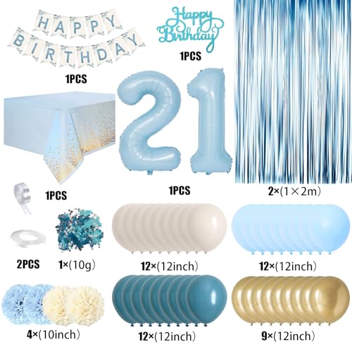 KISPATTI 21st Birthday Decorations for Her Happy 21st Bday Decorations Light Blue White Gold Balloons Happy Birthday Banner Tablecloth Fringe Curtain Cake Topper Men Women 21 Bday Decor Blue - Image 5