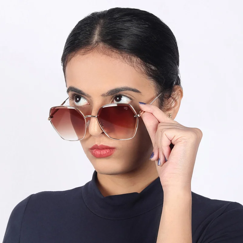 Woggles Latest & Stylish UV Protected Golden Hexagonal Sunglasses for Women