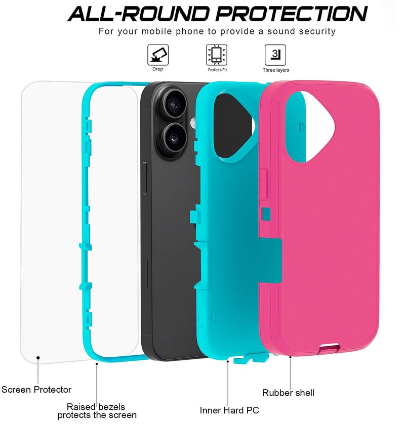 JGS for iPhone 16 Case 6.1", Military Grade 3 in 1 Heavy Duty Shockproof/Drop Proof Case with 2 PCS Tempered Glass Screen Protector (Pink Blue) - Image 3