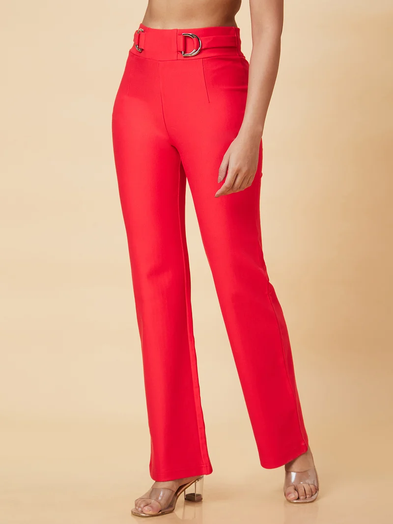 globus Women Red Straight Fit High-Rise Cotton Trousers