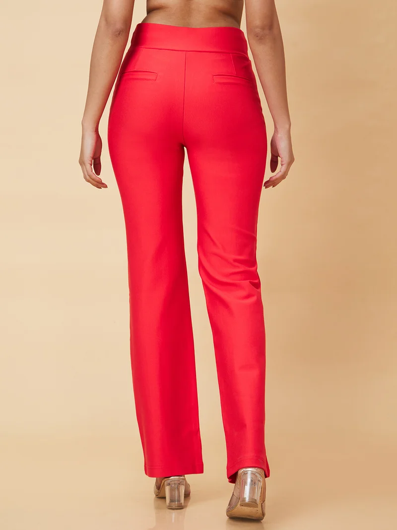 globus Women Red Straight Fit High-Rise Cotton Trousers