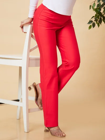 globus Women Red Straight Fit High-Rise Cotton Trousers