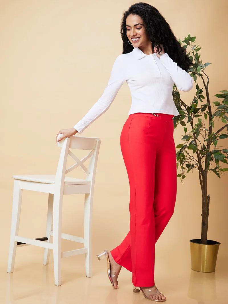 globus Women Red Straight Fit High-Rise Cotton Trousers