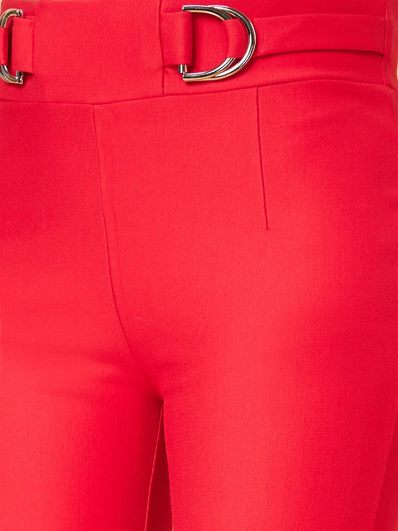 globus Women Red Straight Fit High-Rise Cotton Trousers