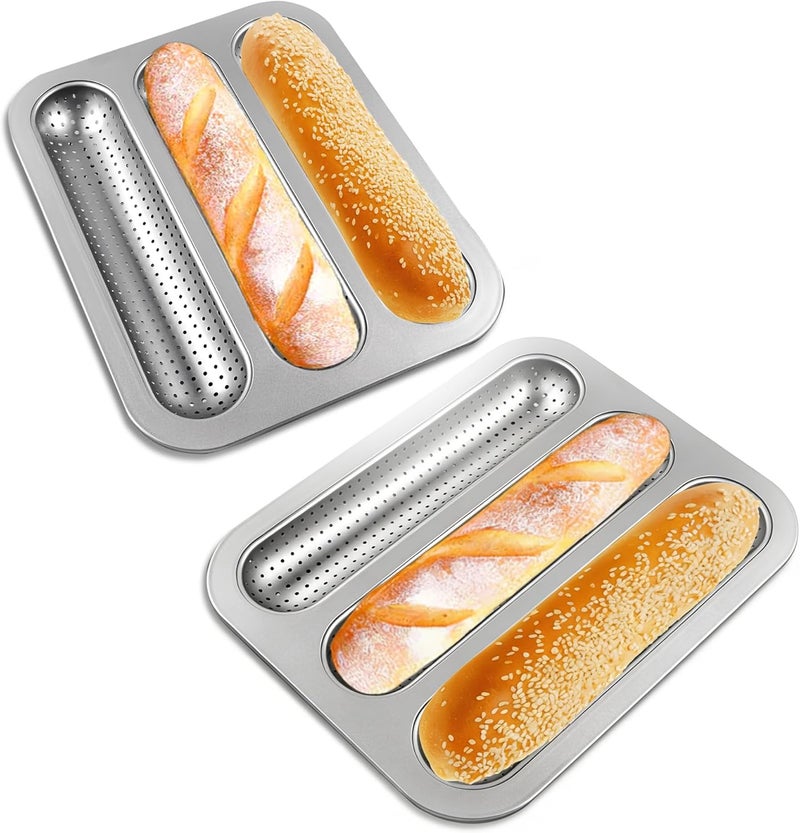 JSJMOFA Hot Dot Bun Pan, Perforated Carbon Steel Bread Loaf Pan, Non-Stick Hot Dog Bun Baking Tray, Mini Baguette Sandwich Baking Tray for Hot Dog Bun Rolls, (Silver 2 Pack) - Image 1