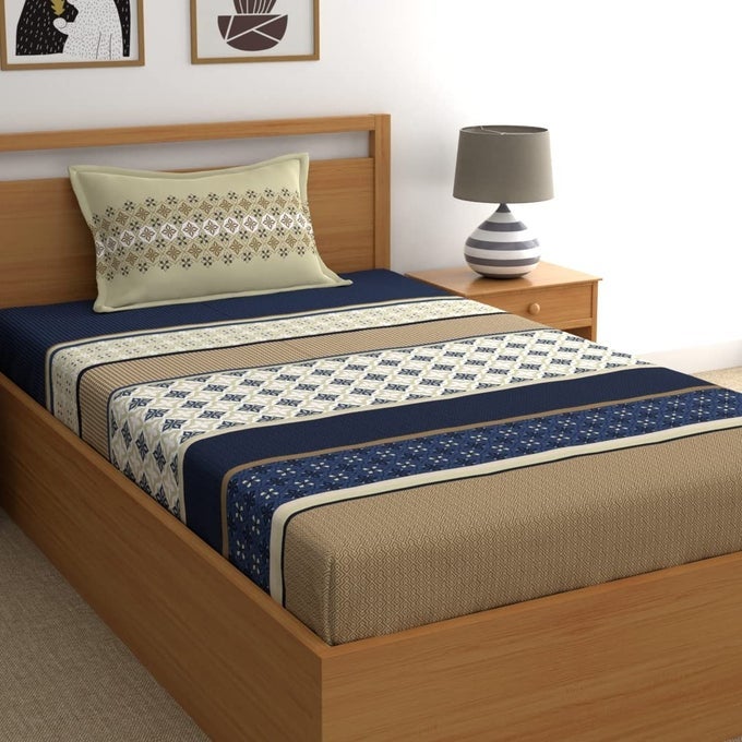 100 COTTON SINGLE BEDSHEET WITH 1 PILLOW COVER SIZE 59 X 87 INCHES 140 TC COLOUR MUSTARD CARAMEL BLEND