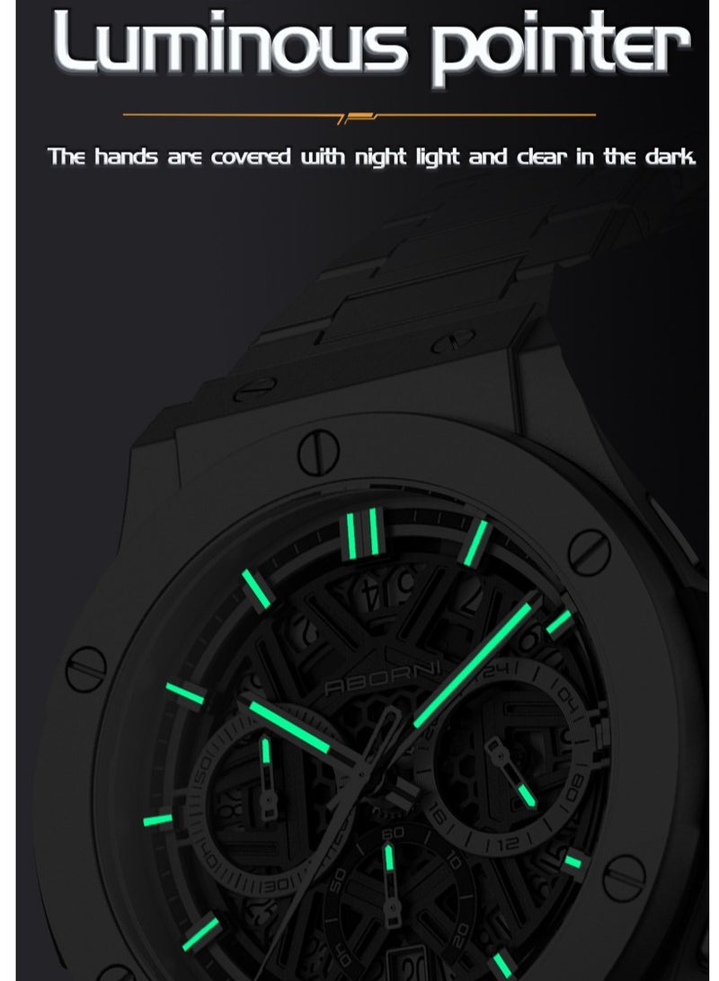 ABORNI Men’s Multifunction Quartz Watch, Waterproof Luminous Design with Calendar, Stainless Steel Strap - Image 4