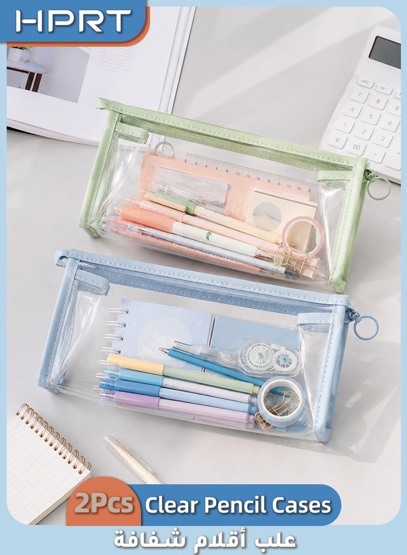 HPRT Clear Pencil Case 2 Pcs, Transparent Pencil Pouch With Smooth Zipper, PVC Pencil Bag For School, Office, Travel And Daily Stationery Storage (Green & Blue, 22 × 10 × 6 cm) - Image 1
