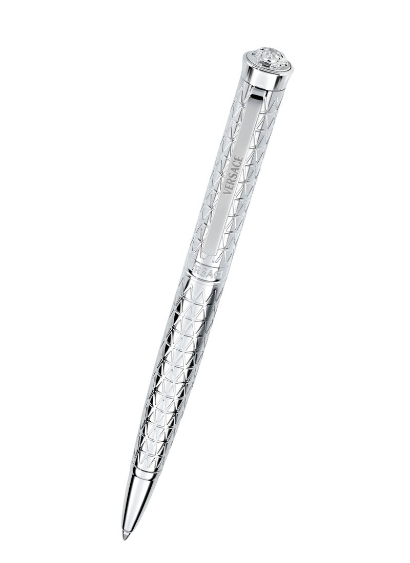 VERSACE Ballpoint Pen - Stainless Steel Barrel With Geometric Pattern And Medusa Top - Image 1