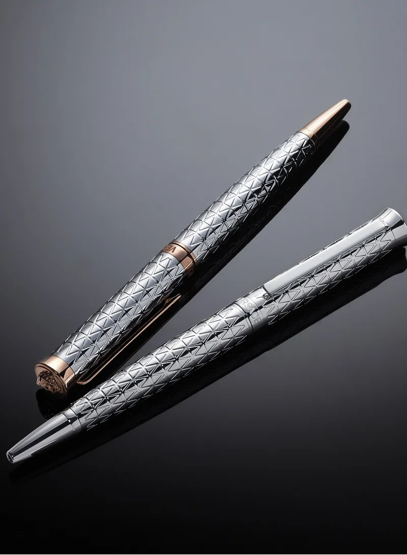 VERSACE Ballpoint Pen - Stainless Steel Barrel With Geometric Pattern And Medusa Top