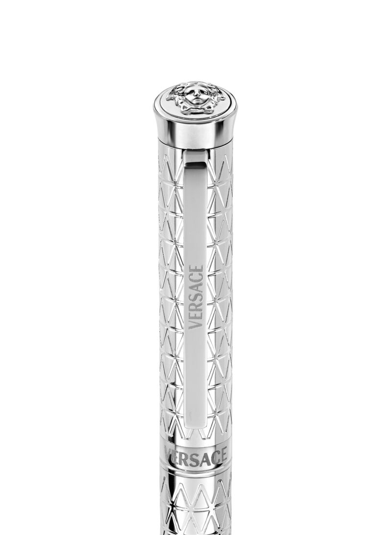 VERSACE Ballpoint Pen - Stainless Steel Barrel With Geometric Pattern And Medusa Top - Image 3