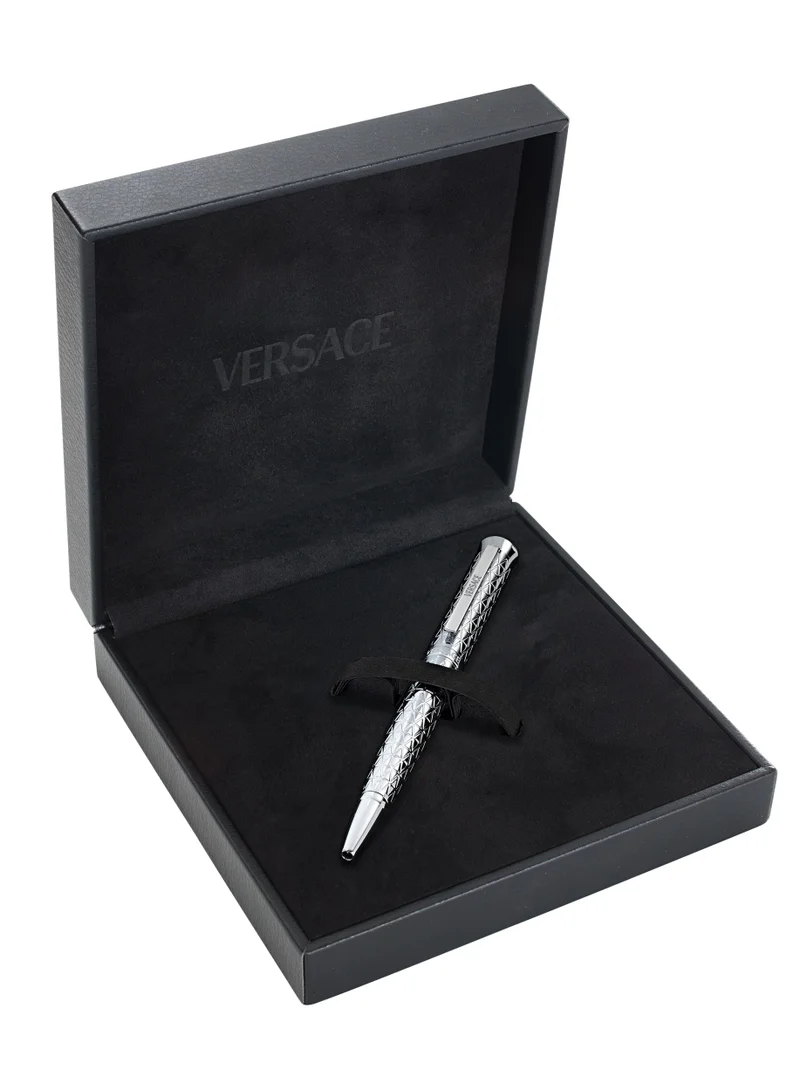 VERSACE Ballpoint Pen - Stainless Steel Barrel With Geometric Pattern And Medusa Top