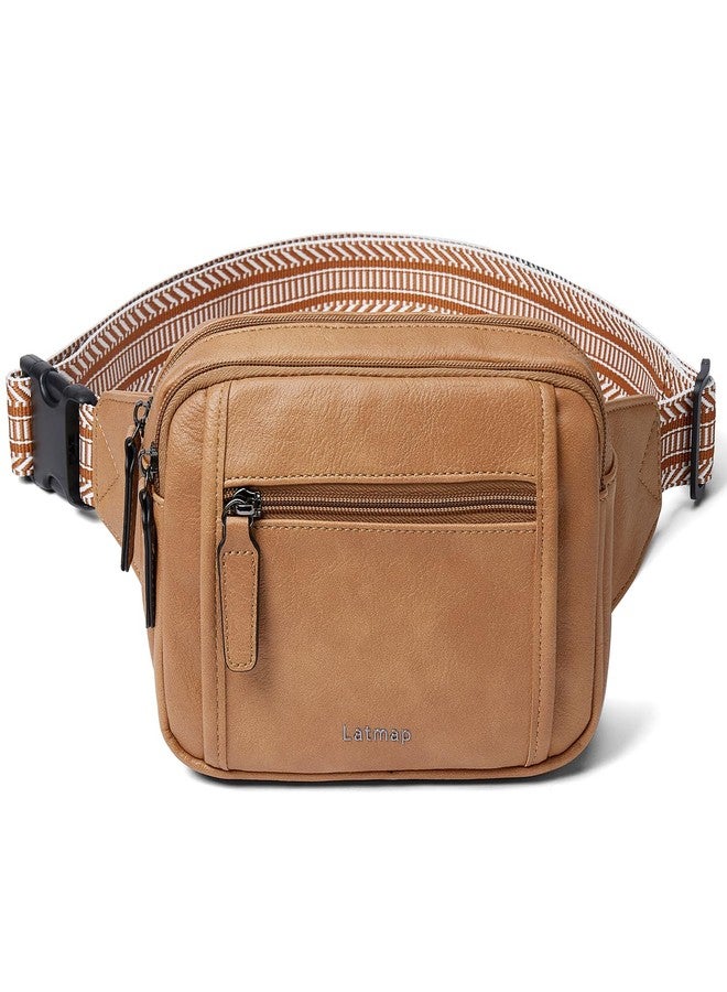 LATMAP 3L TRIPLE ZIP Fanny Packs Belt Bag For Women Men Crossbody Waist Pack Sling Chest Bum Travel Bag Purse Faux Leather Fashion Cute Tan - Image 1