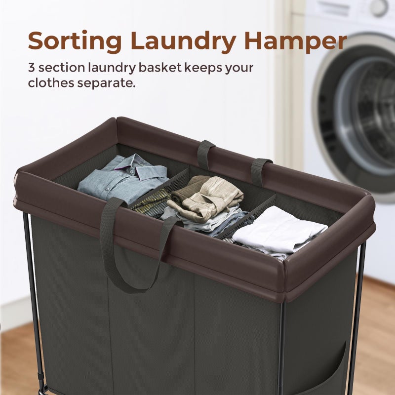 Mefirt 320L Laundry Hamper with Wheels, 3 Section Large Rolling Laundry Basket Bag with Wheels, Clothes Hamper Cart for Laundry, Bedroom, Bathroom and Dorm - Image 3