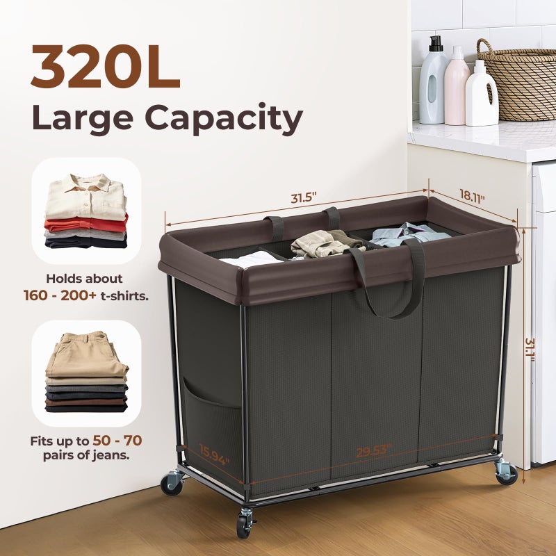 Mefirt 320L Laundry Hamper with Wheels, 3 Section Large Rolling Laundry Basket Bag with Wheels, Clothes Hamper Cart for Laundry, Bedroom, Bathroom and Dorm - Image 2