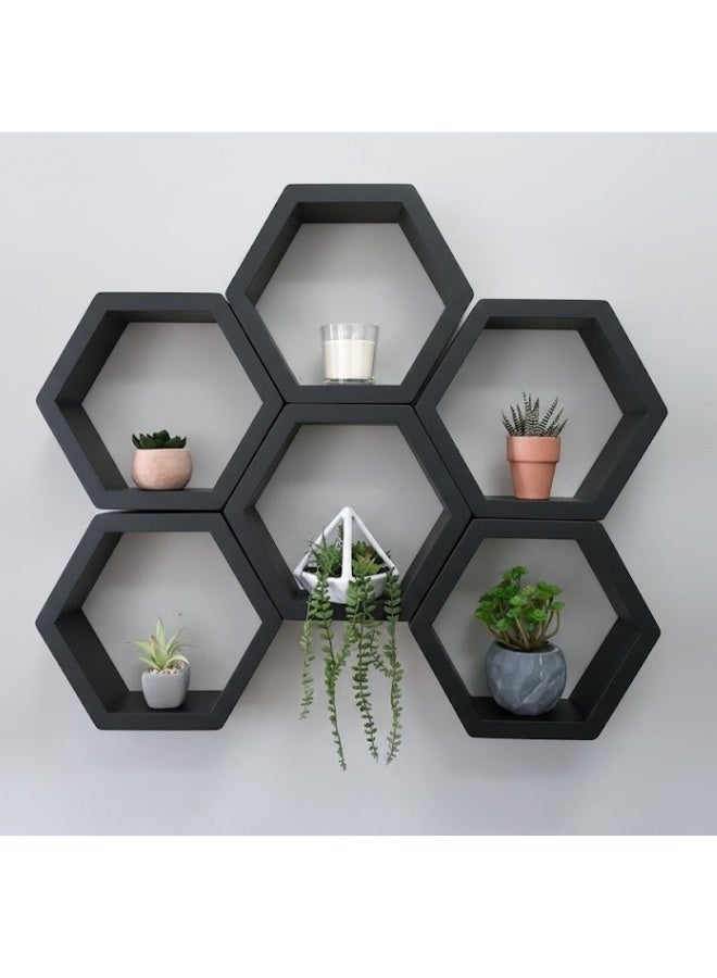 Happy Home Set of 3 Hexagon Wall Shelves - Modern Wall Decor Organizer for Rooms and Offices - Easy to Install Hanging Plastic Storage Shelves for Kitchen, Living Room, Bedroom 25X25 Cm- Black - Image 1