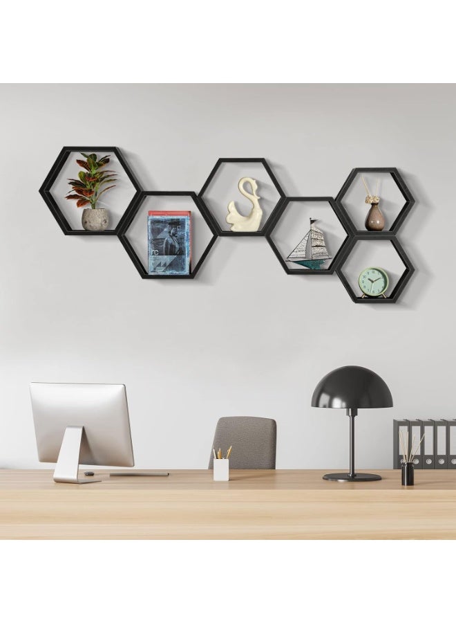 Happy Home Set of 3 Hexagon Wall Shelves - Modern Wall Decor Organizer for Rooms and Offices - Easy to Install Hanging Plastic Storage Shelves for Kitchen, Living Room, Bedroom 25X25 Cm- Black - Image 3