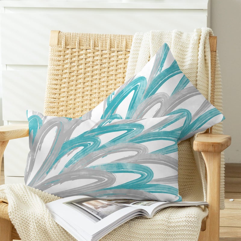 CaliTime Throw Pillow Cases Pack of 2 Cozy Fleece Two-tone Abstract Feather Decorative Cushion Covers for Couch Bed Sofa Farmhouse Decoration 12 X 20 Inches Teal Grey - Image 2