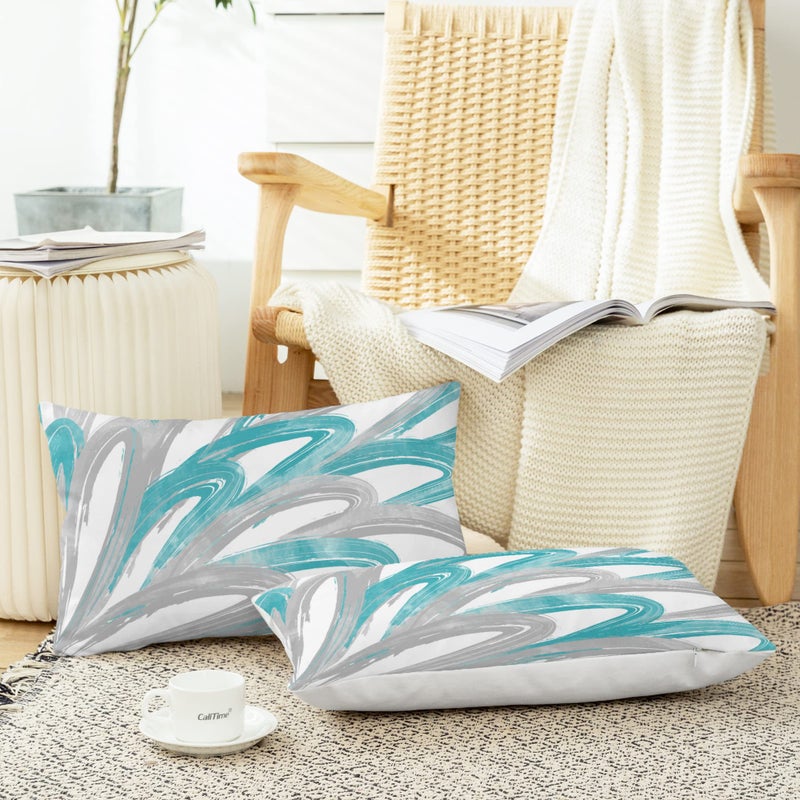 CaliTime Throw Pillow Cases Pack of 2 Cozy Fleece Two-tone Abstract Feather Decorative Cushion Covers for Couch Bed Sofa Farmhouse Decoration 12 X 20 Inches Teal Grey - Image 4