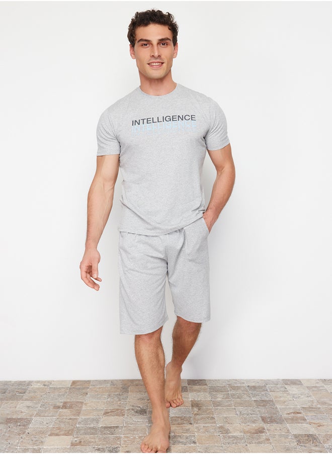 trendyol Gray Regular Fit Crew Neck Knitted Shorts Pajamas Set TMNSS24PT00046  - Image 2