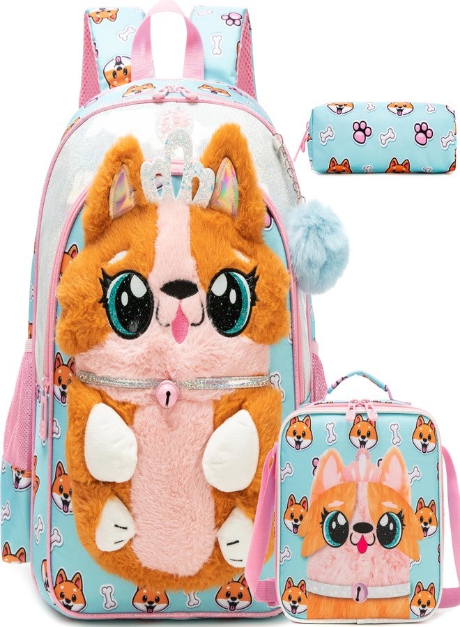 Meetbelify Backpacks for Girls School Backpacks with Lunch Box Pencil Case for Elementary Students Ages 8-10, 3d Pink Dog - Image 1