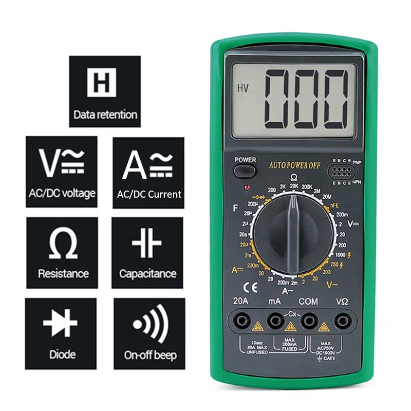 LCD Digital Multimeter 1999 Counts Electrical Tester Voltmeter Ammeter Overload Protection Multifunction AC DC Voltage Current Capacitance Resistance hFE Continuity Diode Testing (9V 6F22 Battery) - Image 3