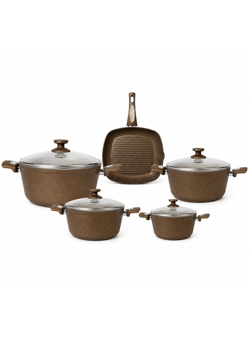 Lavina Granite Cookware Set 9 Pieces (Pots: 18, 20, 24, 28 cm; Grill Pan: 28 cm)