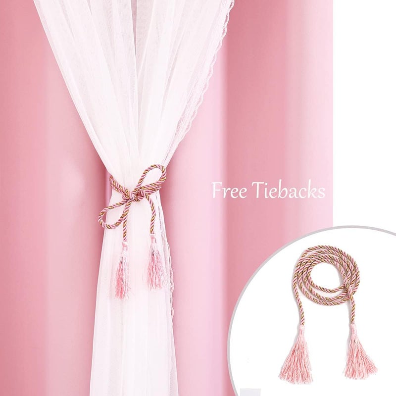 SOFJAGETQ SOFJAGET Pink Blackout Curtains 96 Inch Long - Double Layers Mix & Match Elegance White Crushed Voile Curtains with Tie-Backs, Pink Drapes for Nursery, Girls Bedroom, LivingRoom, 2 PCs - Image 5