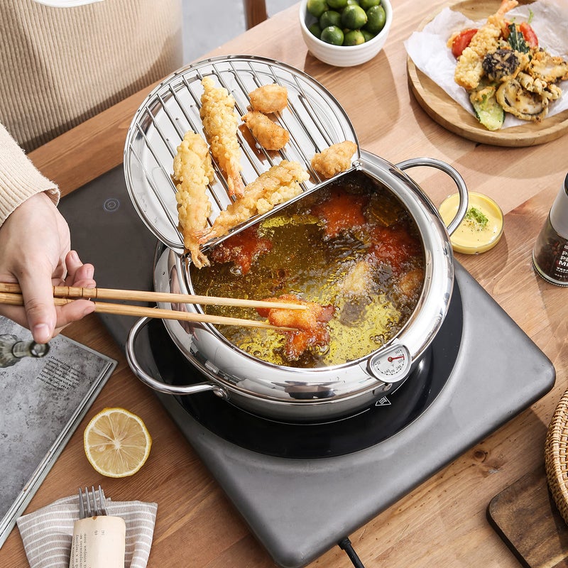 KOMONG KOMONG Deep Fryer Pot (°F), Japanese Tempura Small Deep Frying Pot with Fahrenheit Thermometer, 304 Stainless Steel Deep Fryer with Oil Draining Rack for Tempura chips, Fries, Fish, and Chicken  - Image 2