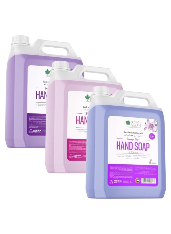 BLISS OF EARTH Hand Wash Refill, Refreshing Lavish Lavender & Blossom Blast & Luxury Lily Pack of 3, 15 Litres.  - Image 1