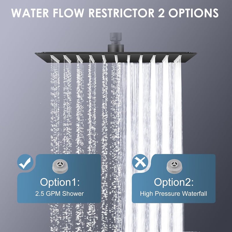 Rain Shower Head Black 25 cm x 25 cm, 304 Stainless Steel Square Ceiling Head 10 Inches, 121 Anti-Limescale Nozzles, 360° Waterfall Rain Shower Head for Bathroom - Image 2