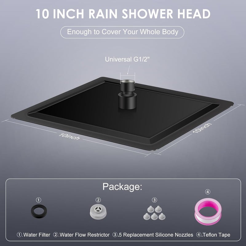 Rain Shower Head Black 25 cm x 25 cm, 304 Stainless Steel Square Ceiling Head 10 Inches, 121 Anti-Limescale Nozzles, 360° Waterfall Rain Shower Head for Bathroom - Image 5