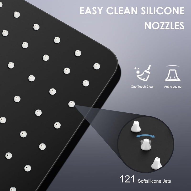 Rain Shower Head Black 25 cm x 25 cm, 304 Stainless Steel Square Ceiling Head 10 Inches, 121 Anti-Limescale Nozzles, 360° Waterfall Rain Shower Head for Bathroom - Image 3