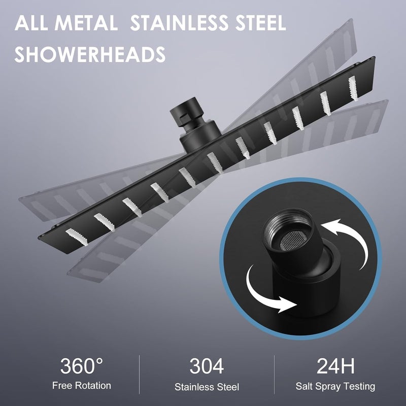 Rain Shower Head Black 25 cm x 25 cm, 304 Stainless Steel Square Ceiling Head 10 Inches, 121 Anti-Limescale Nozzles, 360° Waterfall Rain Shower Head for Bathroom - Image 4