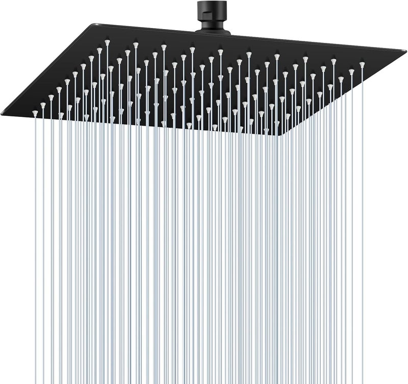 Rain Shower Head Black 25 cm x 25 cm, 304 Stainless Steel Square Ceiling Head 10 Inches, 121 Anti-Limescale Nozzles, 360° Waterfall Rain Shower Head for Bathroom - Image 1