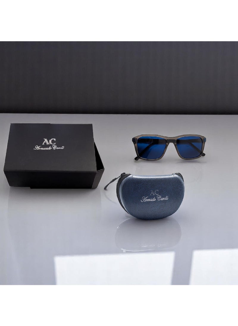 Authentic Armando Cavelli sunglasses, crafted from carefully selected premium acetate for a luxurious look and longevity with extensive use. This model combines modernity and classic style, with a raw grey acetate front and blue -plated metal temples to complete your luxury look. Comes with premium polymer lenses offer UV400 protection in a blue.