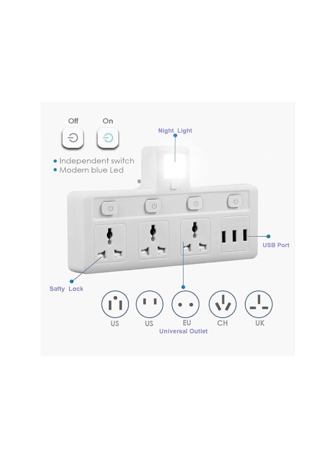 The Bros Power Adapter Multi Plug Extension with 3 USB Night Light, Extender Wall Charger Socket Multiple Electrical Outlet Adaptor, Charging Station for Home, Office -3 Way 3 USB Night Light - Image 3
