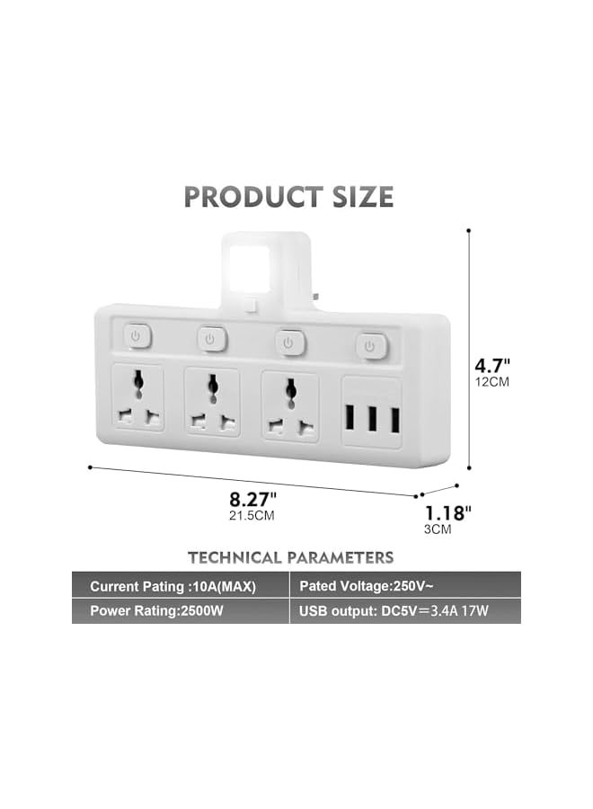 The Bros Power Adapter Multi Plug Extension with 3 USB Night Light, Extender Wall Charger Socket Multiple Electrical Outlet Adaptor, Charging Station for Home, Office -3 Way 3 USB Night Light - Image 5