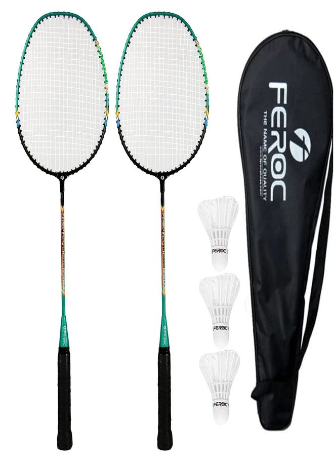 FEROC Aluminium Badminton Racket Set of 2 With 3 Pieces Feather Shuttles With Full Cover Fulfilled By Amazon. (Multicolor) - Image 1